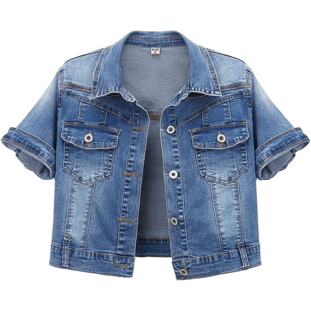 Women's Cotton Spandex Short Sleeve Crop Denim Trucker Jacket Summer Casual
